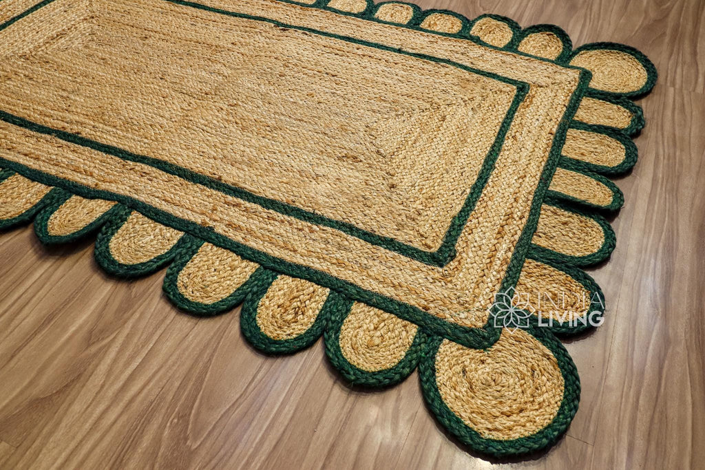 Natural Dark Green Scalloped Jute Rug, Custom hand Braided Sustainable Eco-friendly Bohemian Decor runner rug, Custom made in any size