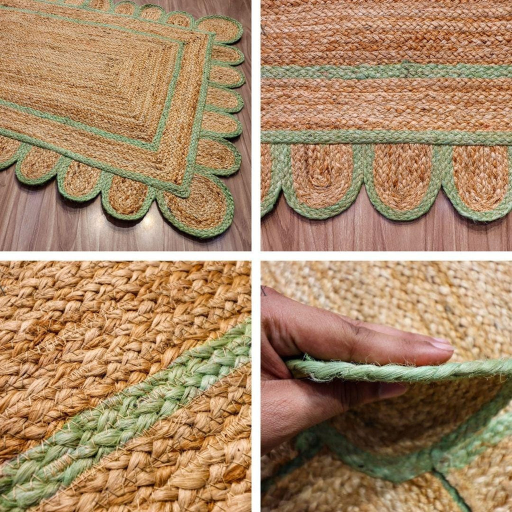 Natural Pistachio Green Scalloped Jute Rug, Custom Hand Braided Sustainable Eco-friendly Bohemian Decor runner rug, Custom made in any size