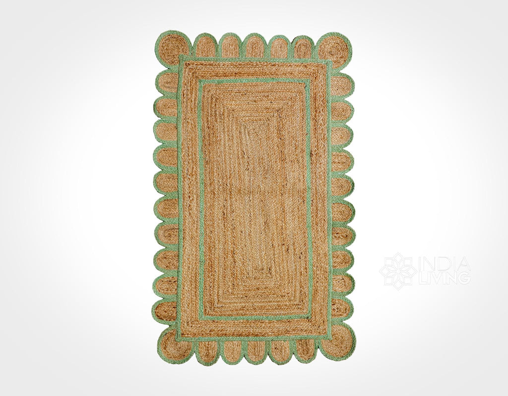 Natural Pistachio Green Scalloped Jute Rug, Custom Hand Braided Sustainable Eco-friendly Bohemian Decor runner rug, Custom made in any size