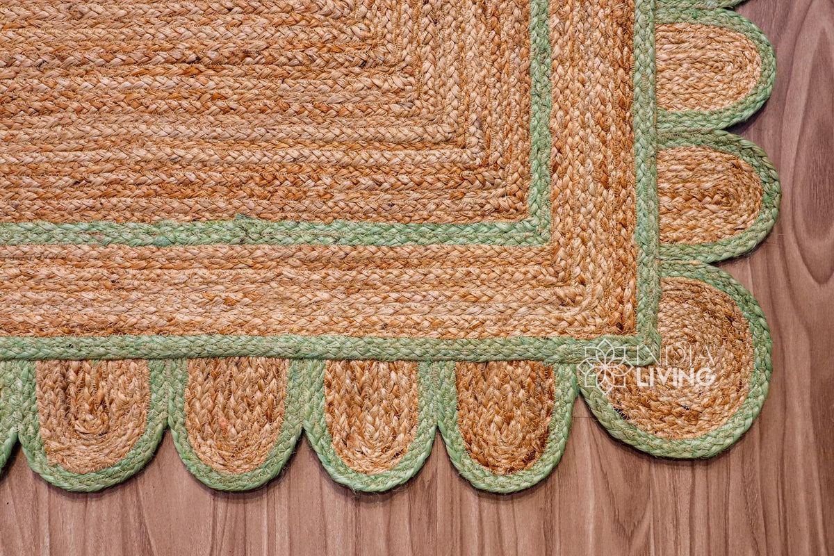 Overhead view of pistachio green jute runner on wood flooring
