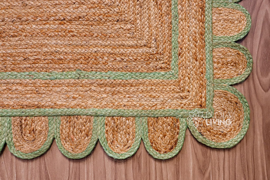 Natural Pistachio Green Scalloped Jute Rug, Custom Hand Braided Sustainable Eco-friendly Bohemian Decor runner rug, Custom made in any size