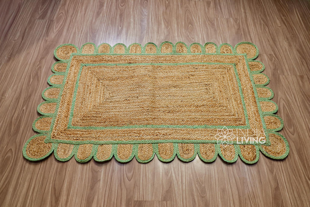 Natural Pistachio Green Scalloped Jute Rug, Custom Hand Braided Sustainable Eco-friendly Bohemian Decor runner rug, Custom made in any size
