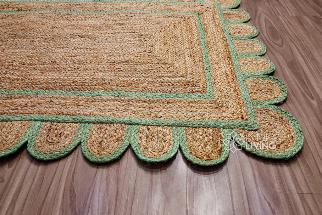 Natural Pistachio Green Scalloped Jute Rug, Custom Hand Braided Sustainable Eco-friendly Bohemian Decor runner rug, Custom made in any size