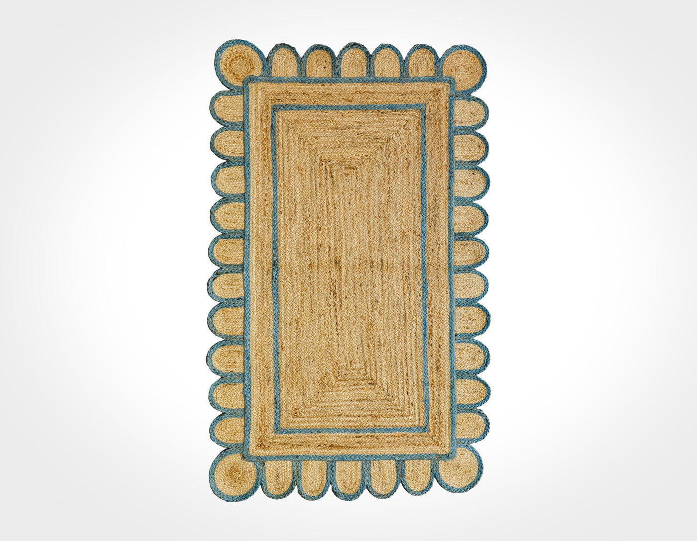 Scalloped jute rug with aqua blue border, flat lay view