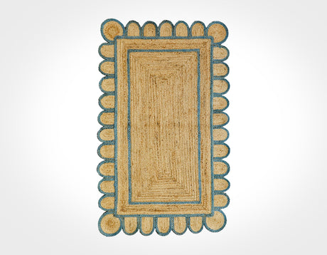 Custom Scalloped Jute Rug, Aqua Blue Border, Eco-Friendly