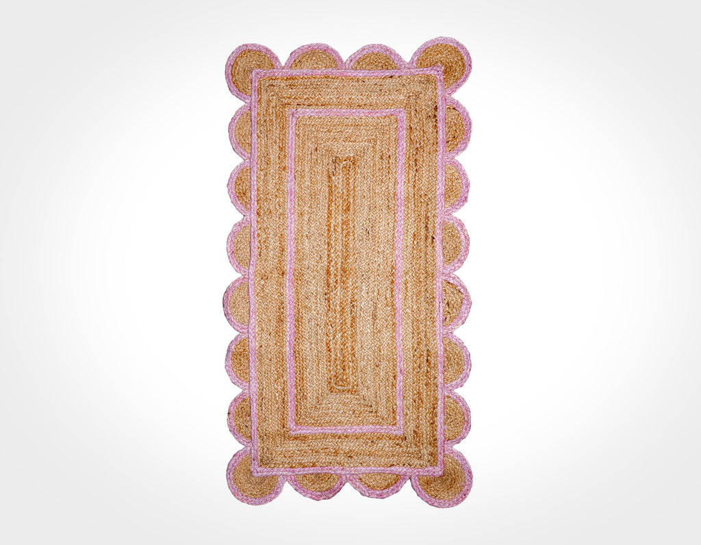 Natural Light Pink Scalloped Jute Rug, Custom Hand Braided Sustainable Eco-friendly Bohemian Decor runner rug, Custom made in any size