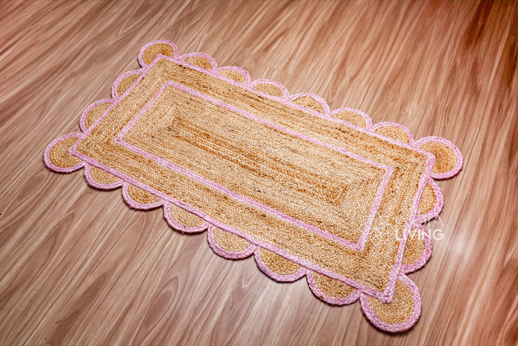 Natural Light Pink Scalloped Jute Rug, Custom Hand Braided Sustainable Eco-friendly Bohemian Decor runner rug, Custom made in any size