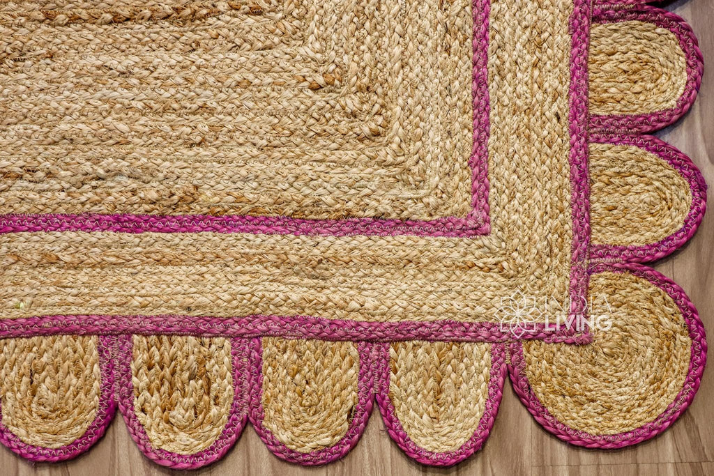 Pink Scallop Edge Natural Jute Area Rug, Custom Hand Braided Sustainable Eco-friendly Bohemian Decor runner rug, Custom made in any size