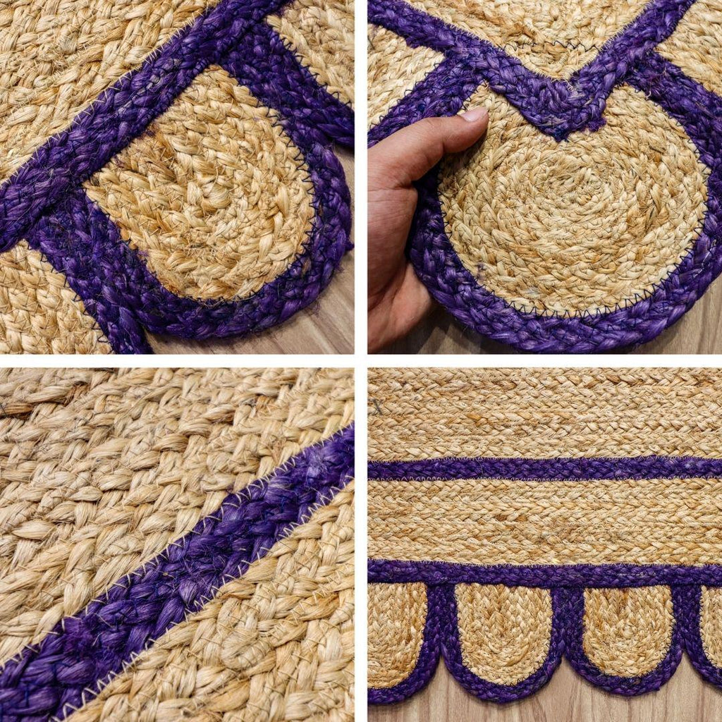 Purple Scallop Edge Natural Jute Area Rug, Custom Hand Braided Sustainable Eco-friendly Bohemian Decor runner rug, Custom made in any size