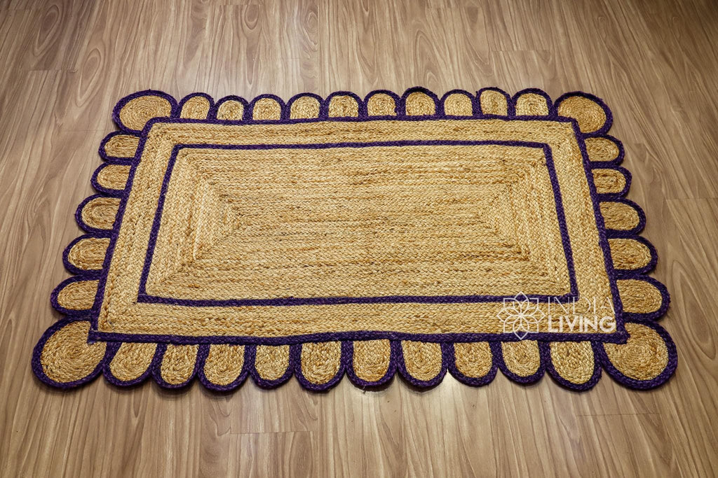 Purple Scallop Edge Natural Jute Area Rug, Custom Hand Braided Sustainable Eco-friendly Bohemian Decor runner rug, Custom made in any size