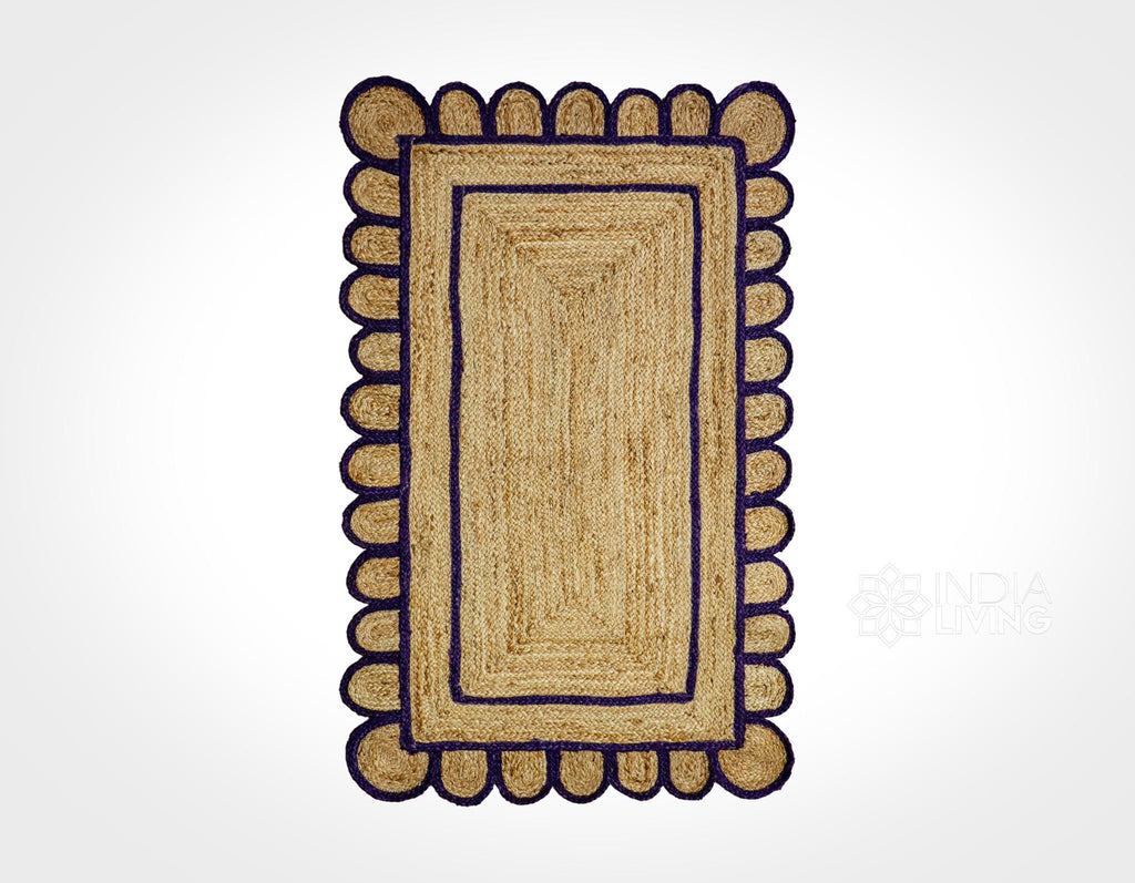 Purple Scallop Edge Natural Jute Area Rug, Custom Hand Braided Sustainable Eco-friendly Bohemian Decor runner rug, Custom made in any size