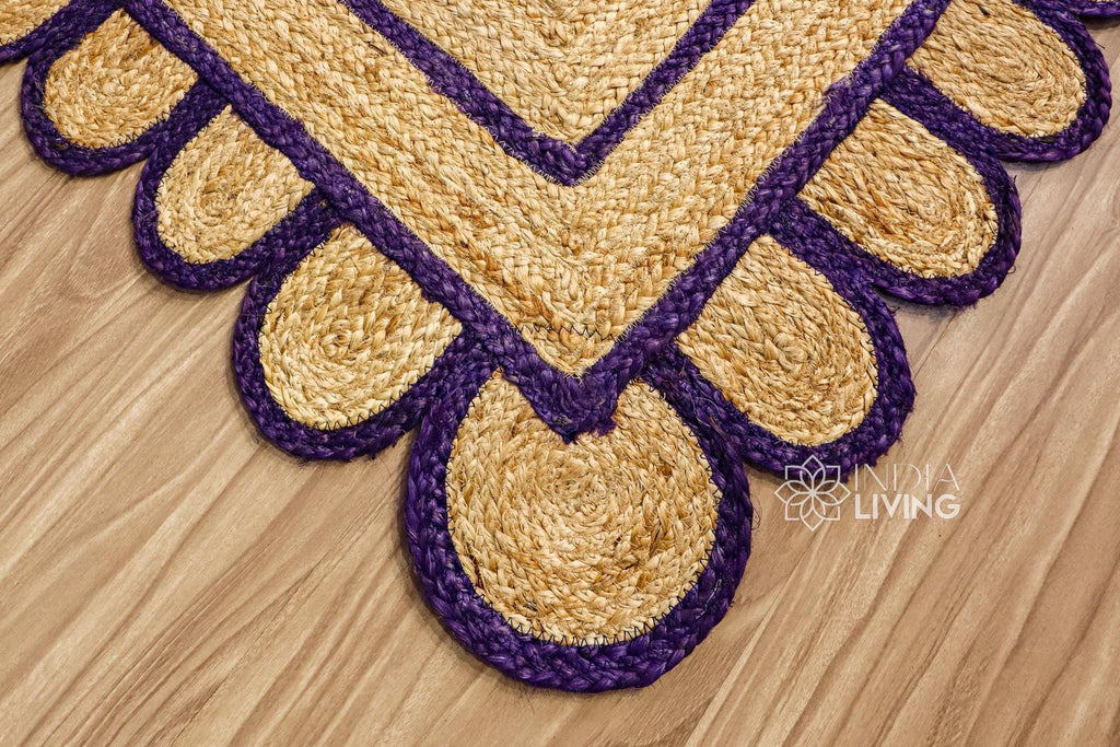 Purple Scallop Edge Natural Jute Area Rug, Custom Hand Braided Sustainable Eco-friendly Bohemian Decor runner rug, Custom made in any size