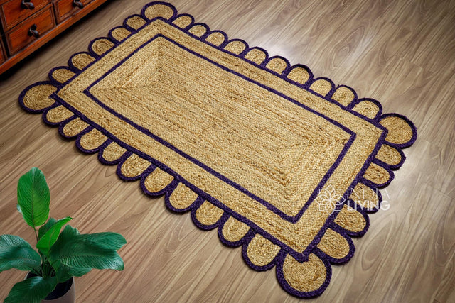 Purple scalloped jute runner laid flat, full view