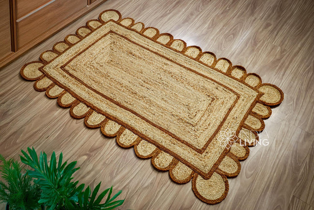 Natural brown scallop hand braided jute rug, full flat view