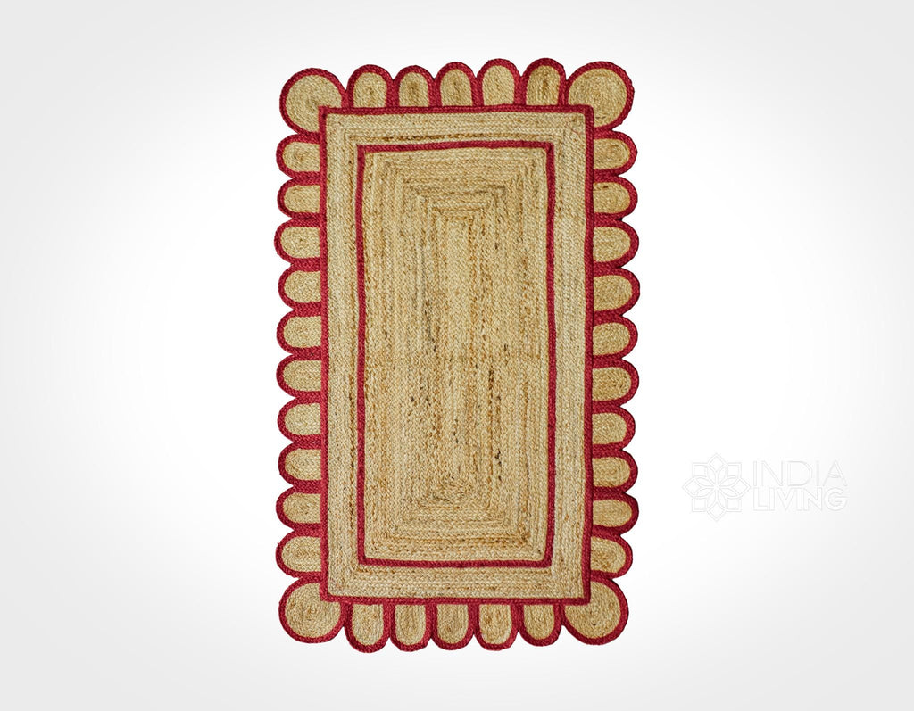 Red Scalloped Edge Natural Jute Area Rug, Custom Hand Braided Sustainable Eco-friendly Bohemian Decor runner rug, Custom made in any size