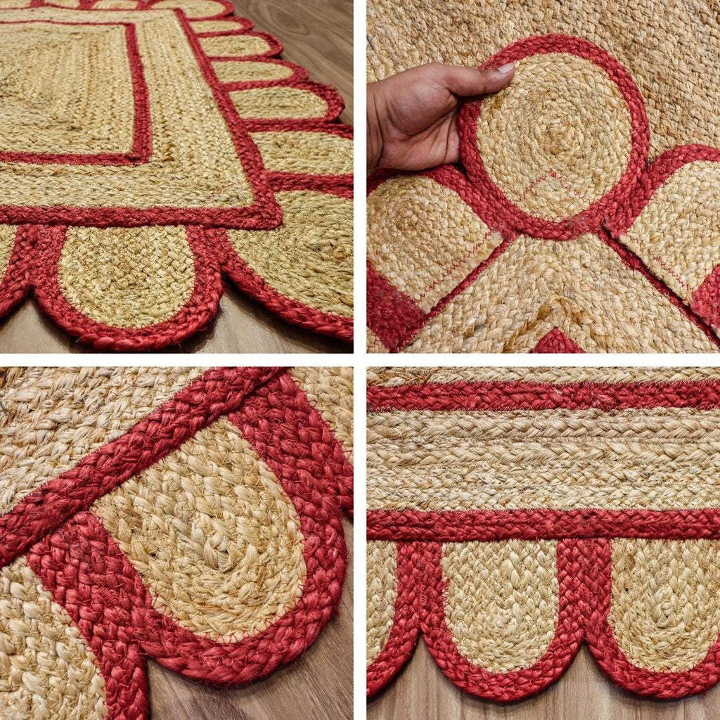 Red Scalloped Edge Natural Jute Area Rug, Custom Hand Braided Sustainable Eco-friendly Bohemian Decor runner rug, Custom made in any size