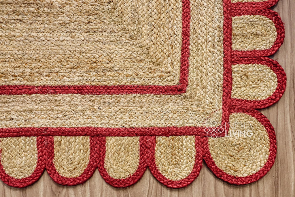 Red Scalloped Edge Natural Jute Area Rug, Custom Hand Braided Sustainable Eco-friendly Bohemian Decor runner rug, Custom made in any size