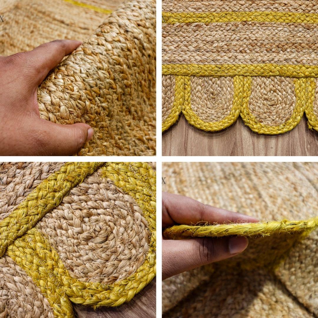 Close-up of scalloped edge detail on yellow jute runner