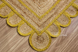 Overhead view of yellow jute runner on wood flooring