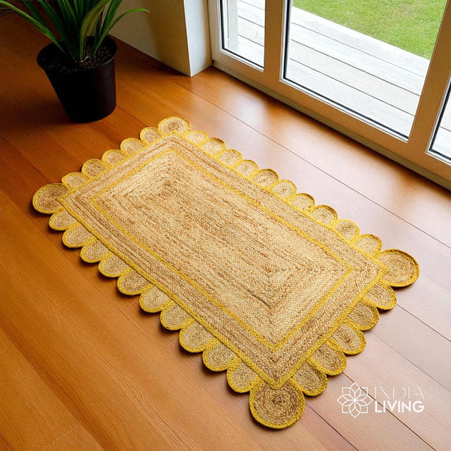 Yellow scalloped jute runner laid flat, full view