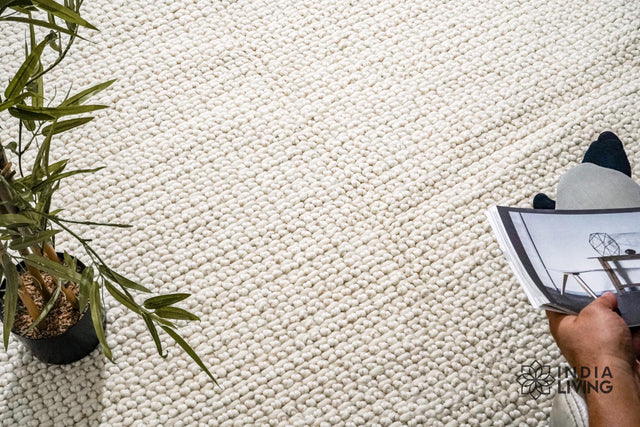 Ivory chunky looped wool rug flat view