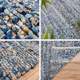 Handwoven denim rag rug shown in a bathroom setting