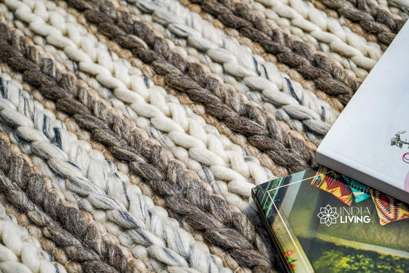 Brown grey ivory chunky knit wool rug flat view
