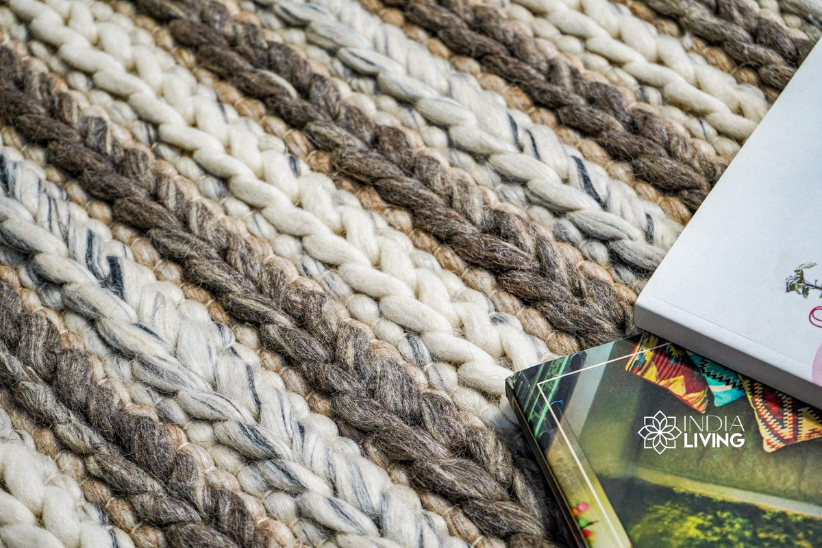Brown grey ivory chunky knit wool rug flat view