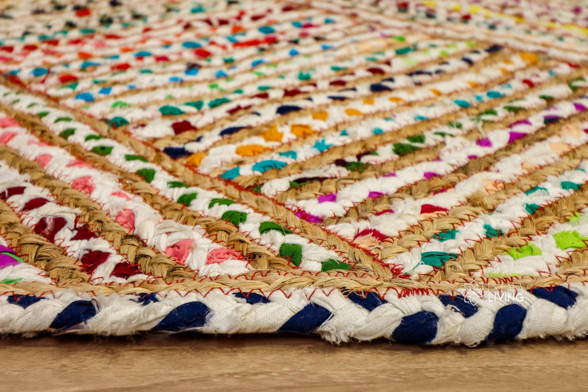 Rainbow chindi rug texture detail shot