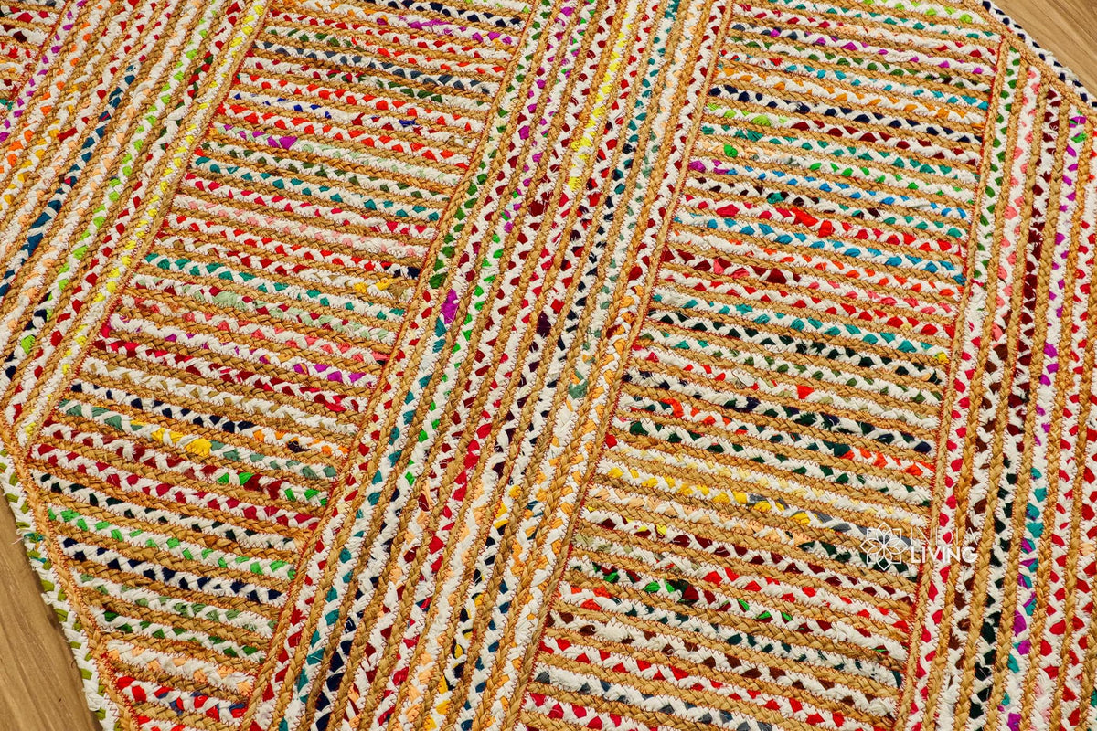 Rainbow striped jute rag rug full room lifestyle view
