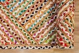 Rainbow striped chindi jute rag rug, full flat view