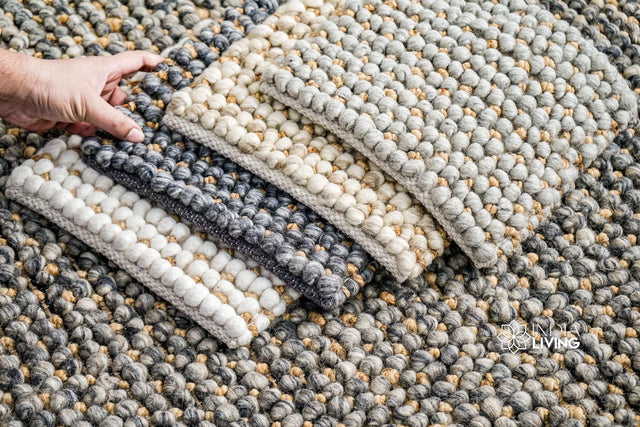 Wool jute chunky pebble rug flat lay showing texture