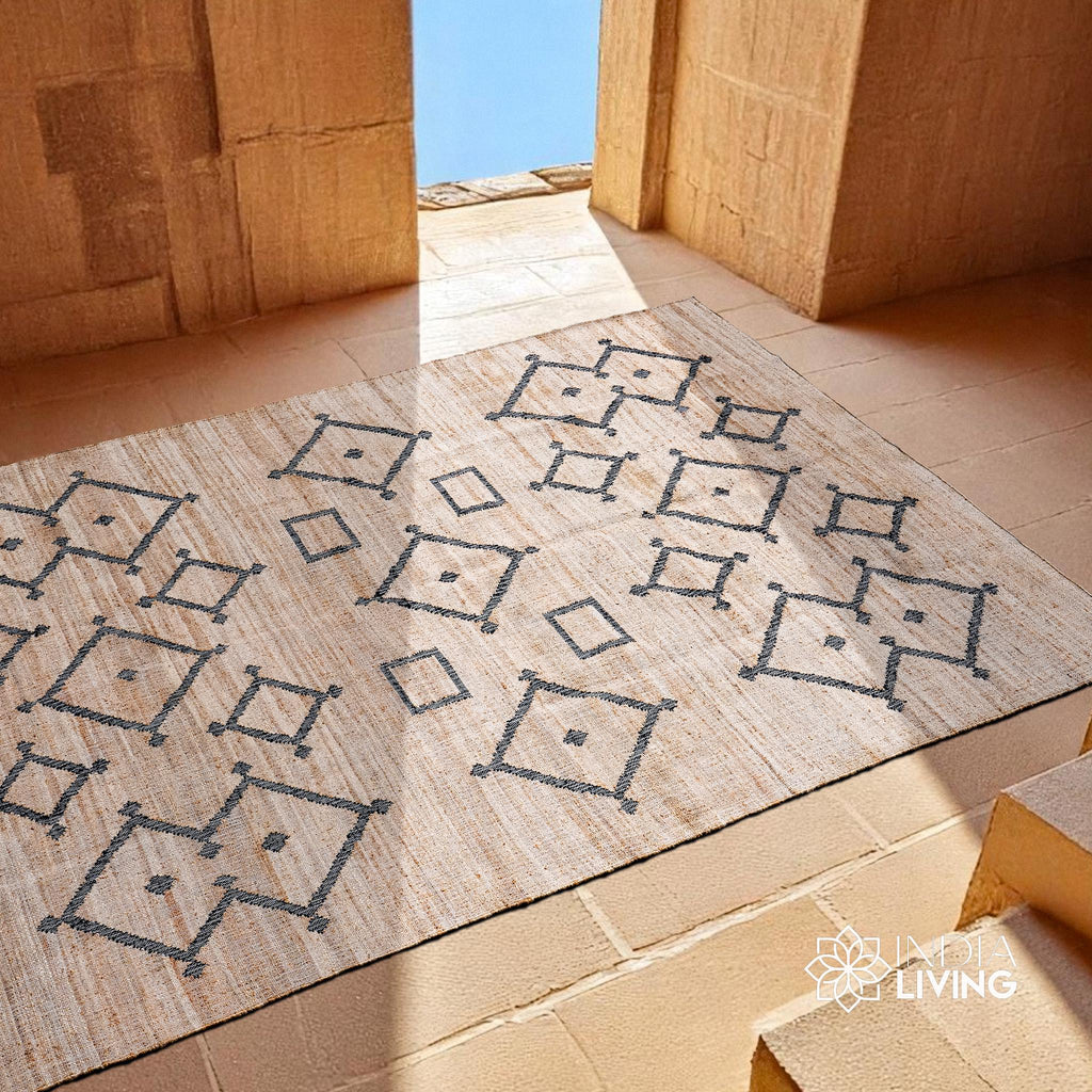 Handwoven Tribal motif Natural Bohemian Flat weave Summer room decor Jute area Rug, Custom made in all rug and runner size