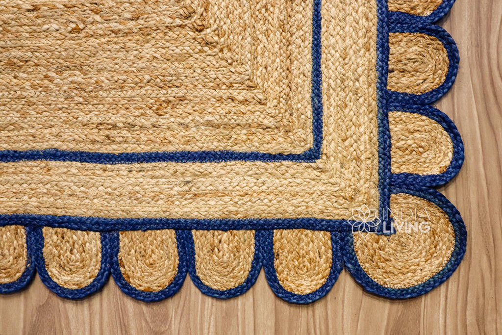 Natural Navy Blue Scallop Hand Braided Jute Rug, Custom made Sustainable Eco-friendly Bohemian Decor runner rug, Custom made in any size