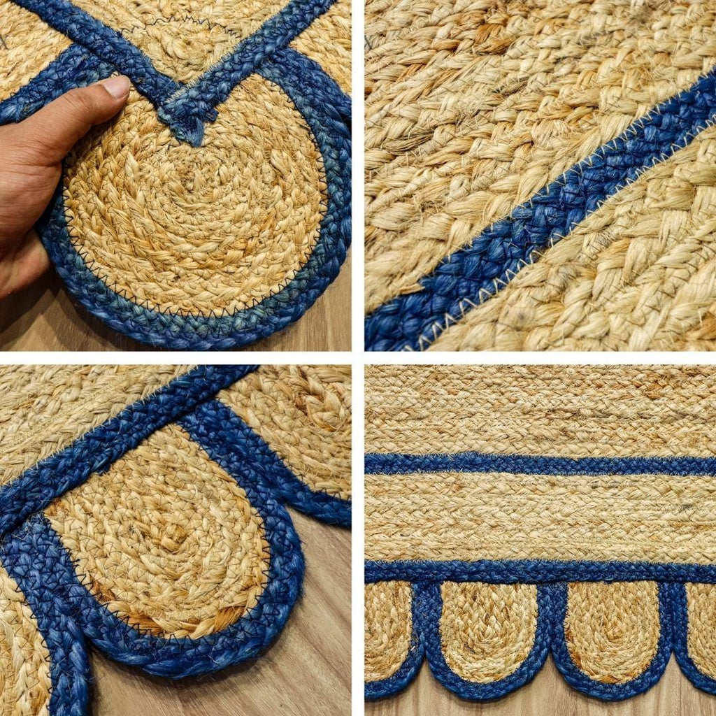 Natural Navy Blue Scallop Hand Braided Jute Rug, Custom made Sustainable Eco-friendly Bohemian Decor runner rug, Custom made in any size
