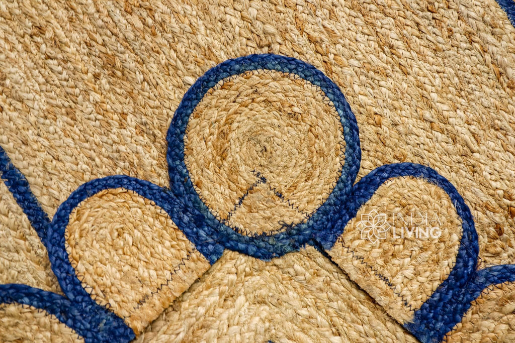 Natural Navy Blue Scallop Hand Braided Jute Rug, Custom made Sustainable Eco-friendly Bohemian Decor runner rug, Custom made in any size