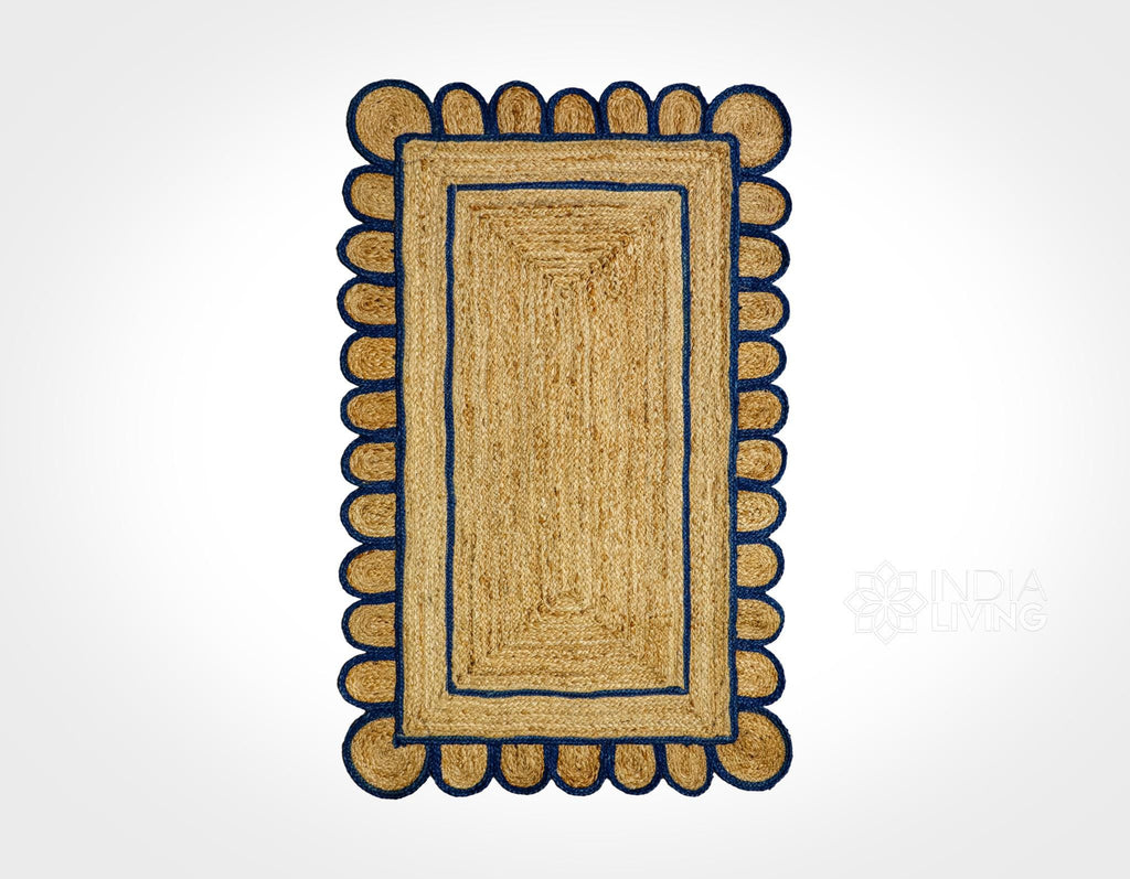 Natural Navy Blue Scallop Hand Braided Jute Rug, Custom made Sustainable Eco-friendly Bohemian Decor runner rug, Custom made in any size