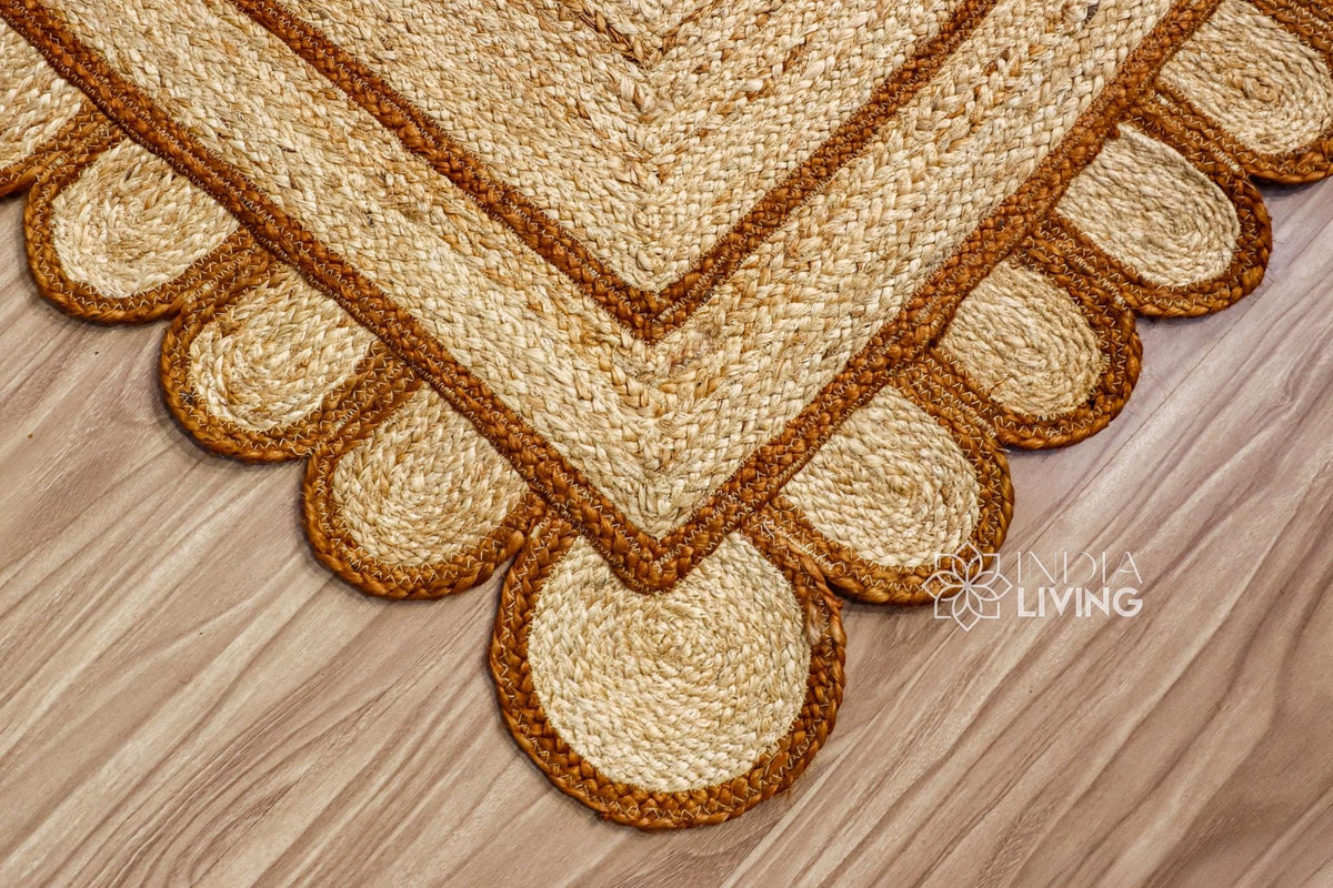 Brown jute rug corner detail showing braided texture