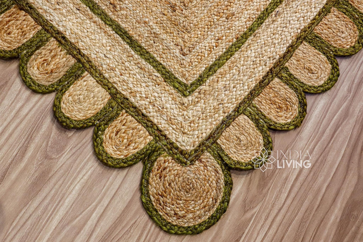 Olive green scallop jute rug full room lifestyle view