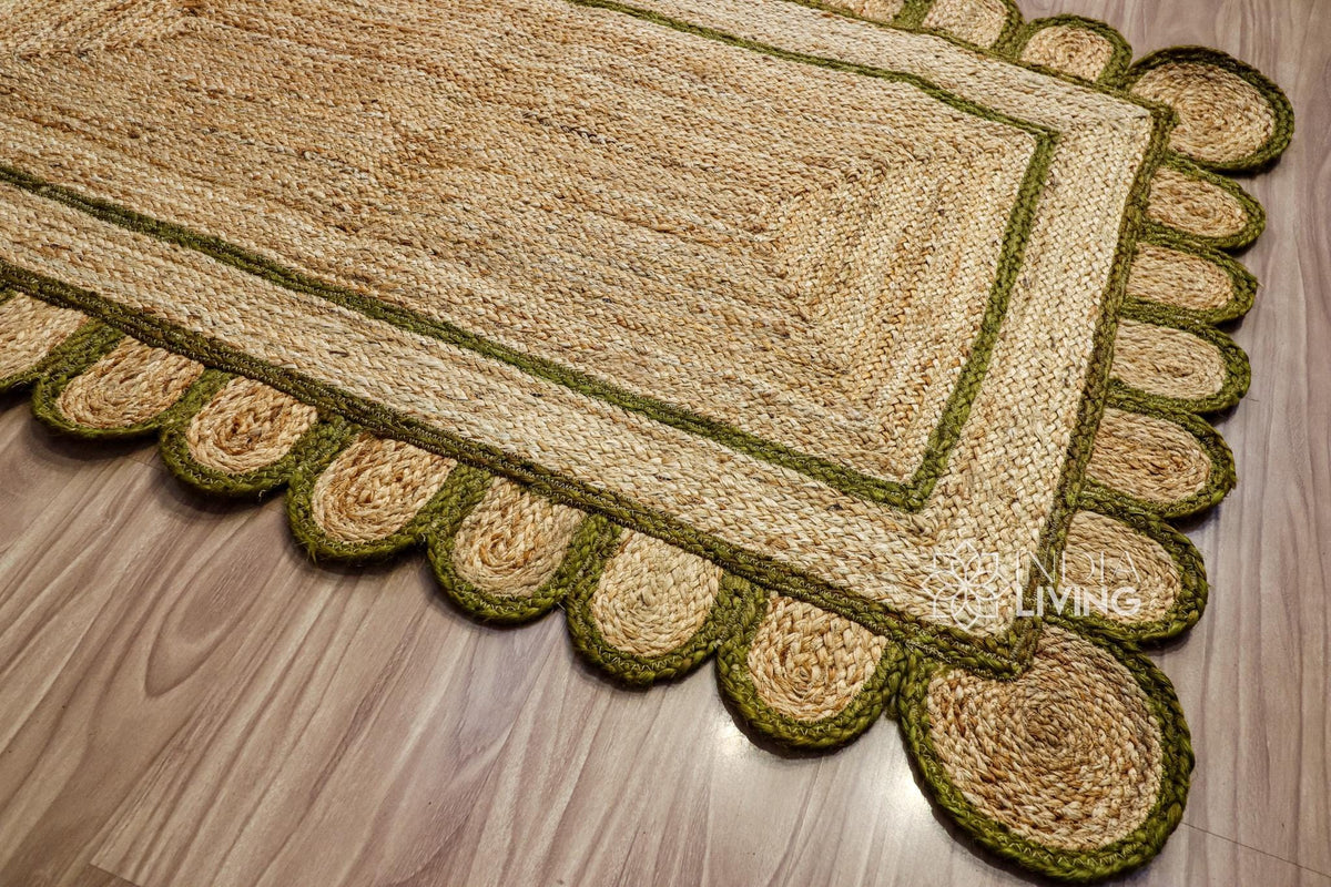 Hand braided olive green rug shown in an entryway setting