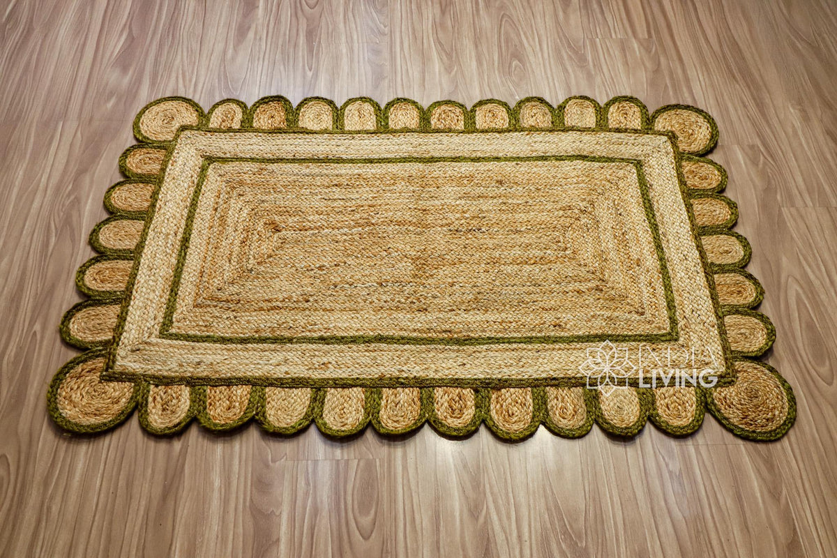 Olive green scalloped jute rug texture detail shot