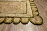 Olive green scalloped hand braided jute rug, full flat view