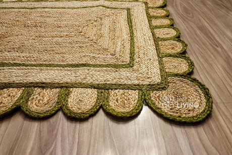 Natural Olive Green Scalloped Jute Rug, Custom hand Braided Sustainable Eco-friendly Bohemian Decor runner rug, Custom made in any size