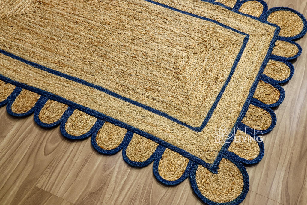 Natural Navy Blue Scallop Hand Braided Jute Rug, Custom made Sustainable Eco-friendly Bohemian Decor runner rug, Custom made in any size