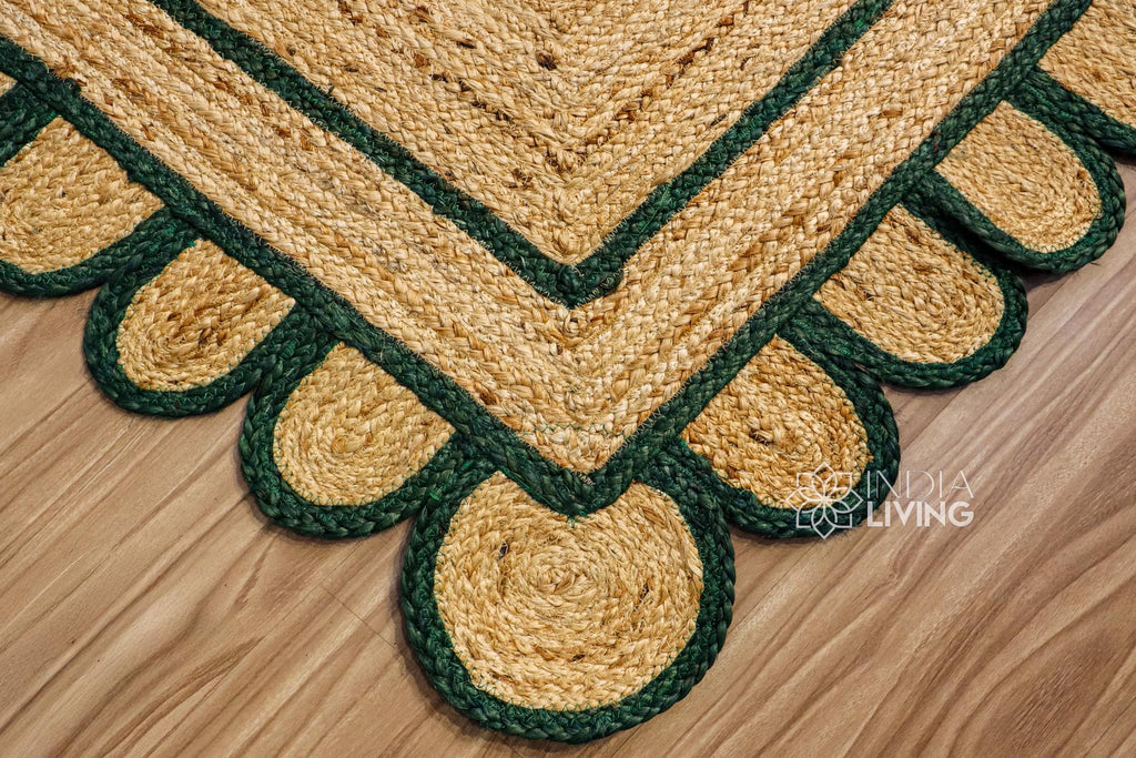 Natural Dark Green Scalloped Jute Rug, Custom hand Braided Sustainable Eco-friendly Bohemian Decor runner rug, Custom made in any size
