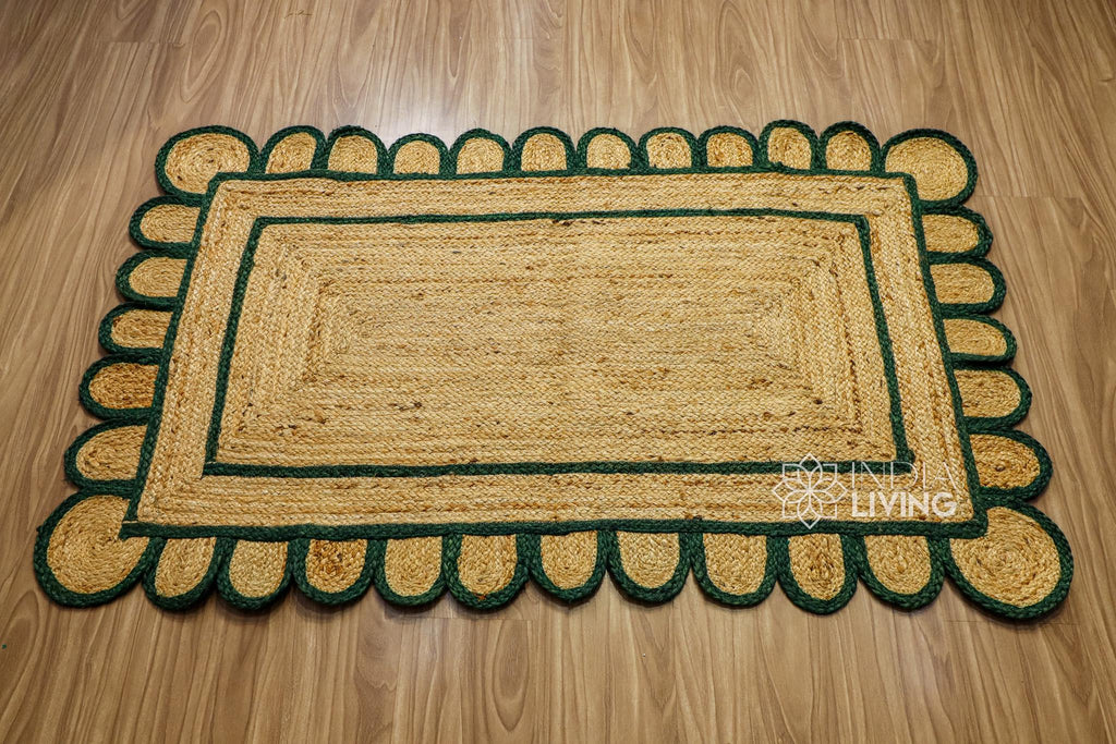 Natural Dark Green Scalloped Jute Rug, Custom hand Braided Sustainable Eco-friendly Bohemian Decor runner rug, Custom made in any size