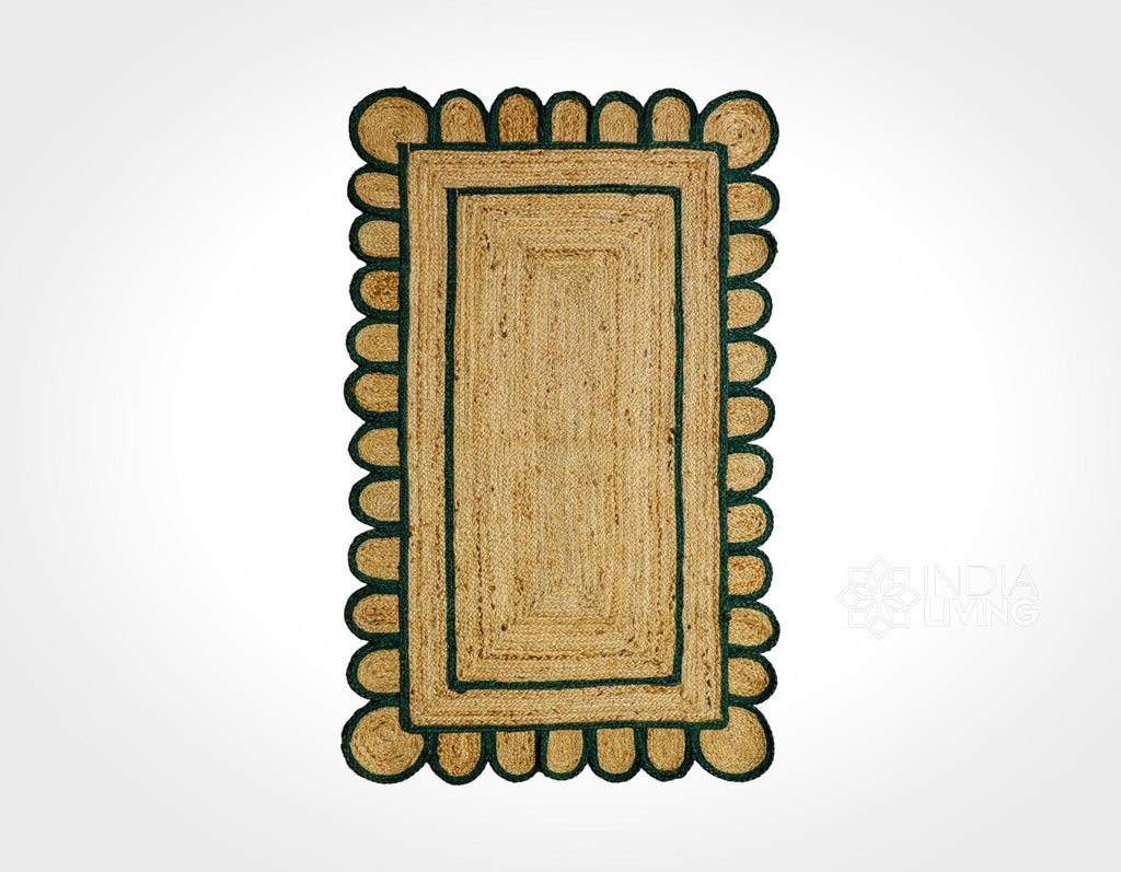 Natural Dark Green Scalloped Jute Rug, Custom hand Braided Sustainable Eco-friendly Bohemian Decor runner rug, Custom made in any size