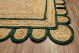 Dark green scalloped hand braided jute rug, full flat view