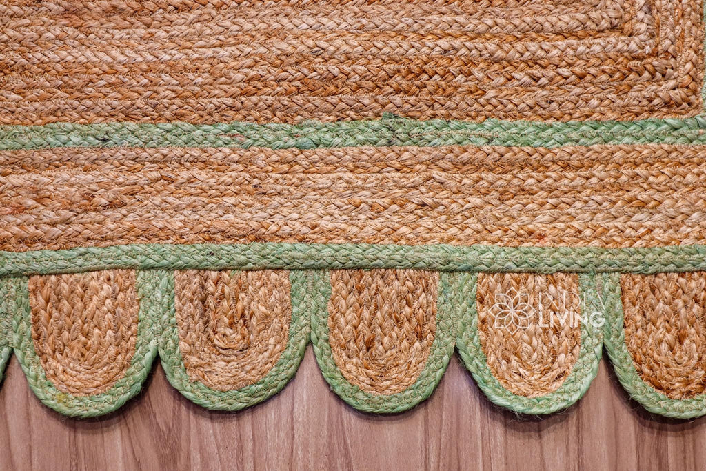 Natural Pistachio Green Scalloped Jute Rug, Custom Hand Braided Sustainable Eco-friendly Bohemian Decor runner rug, Custom made in any size