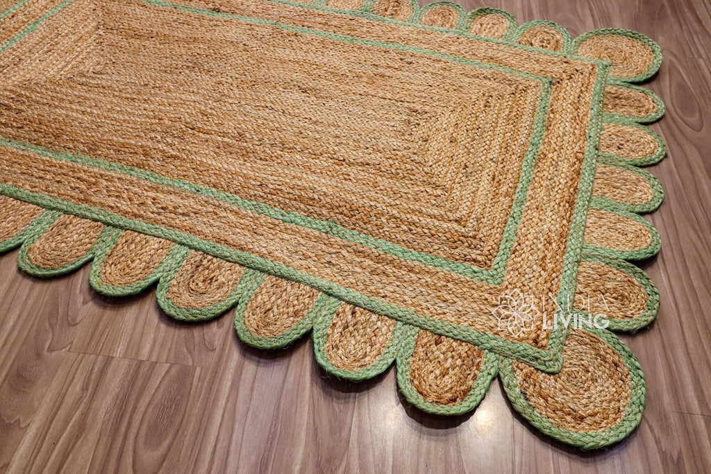 Natural Pistachio Green Scalloped Jute Rug, Custom Hand Braided Sustainable Eco-friendly Bohemian Decor runner rug, Custom made in any size
